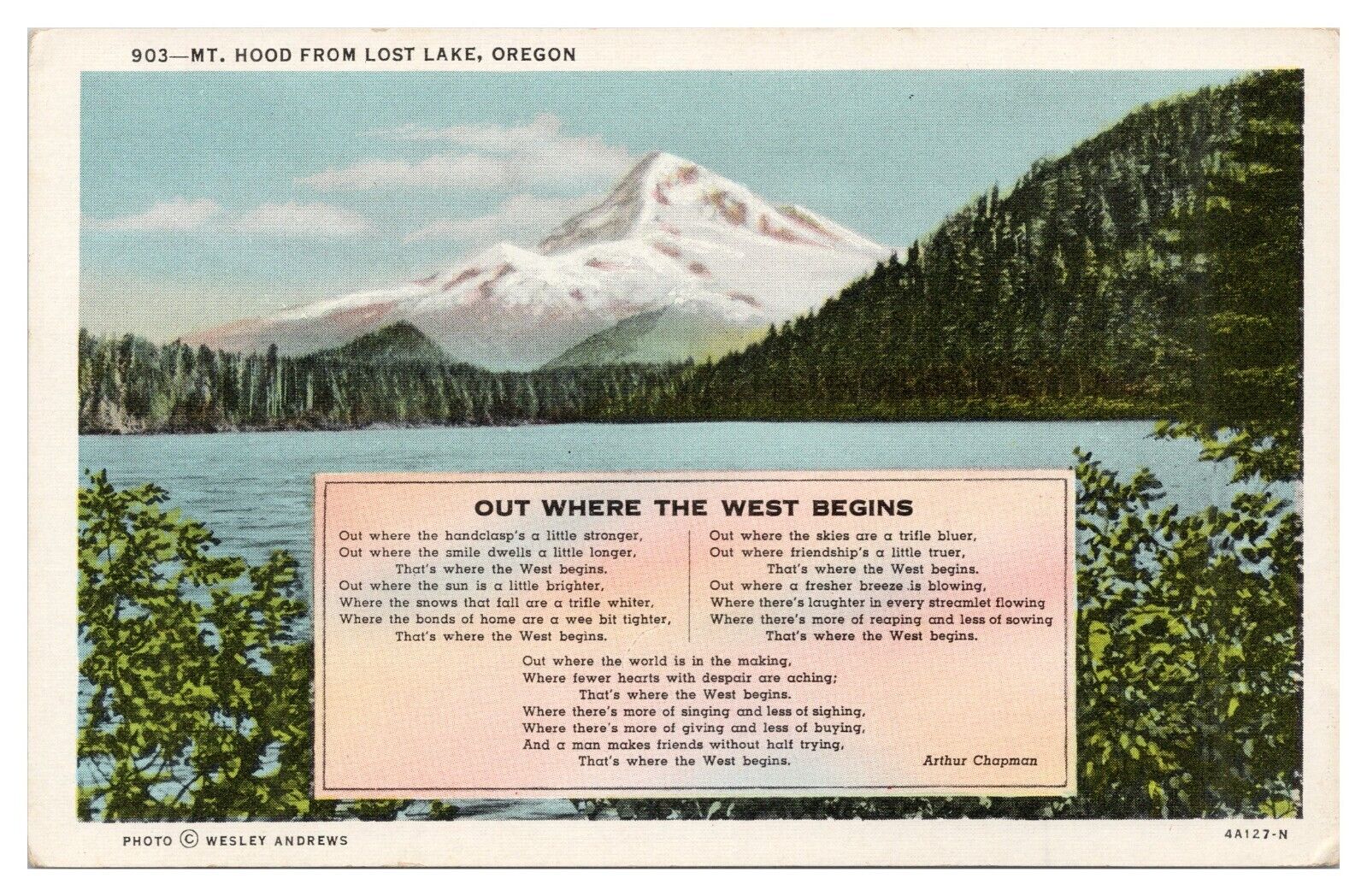 Vintage Mt. Hood from Lost Lake Oregon Postcard Out Where the West Begins Unp.