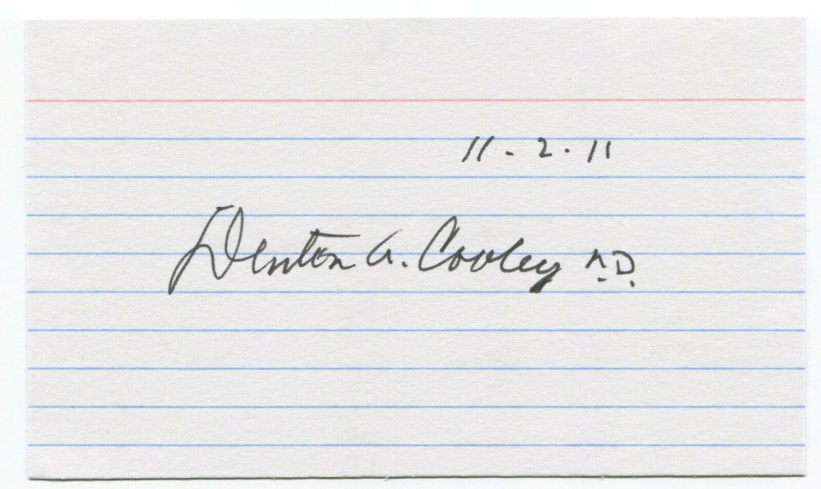 Denton Cooley Signed 3x5 Index Card Autographed Surgeon First Artificial Heart