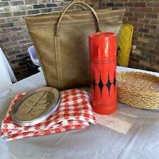 Vintage Aladdin Vanguard Red Picnic Set Qt Thermos Lunch Box Brown Carry Bag picture