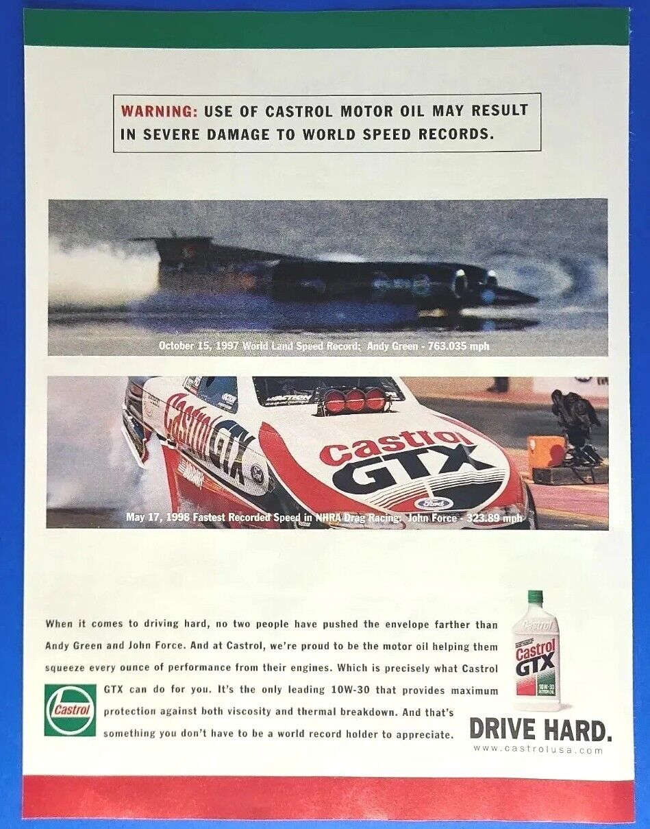 1998 Castrol GTX Motor Oil Magazine 1990\'s Print Ad w/John Force, Andy Green