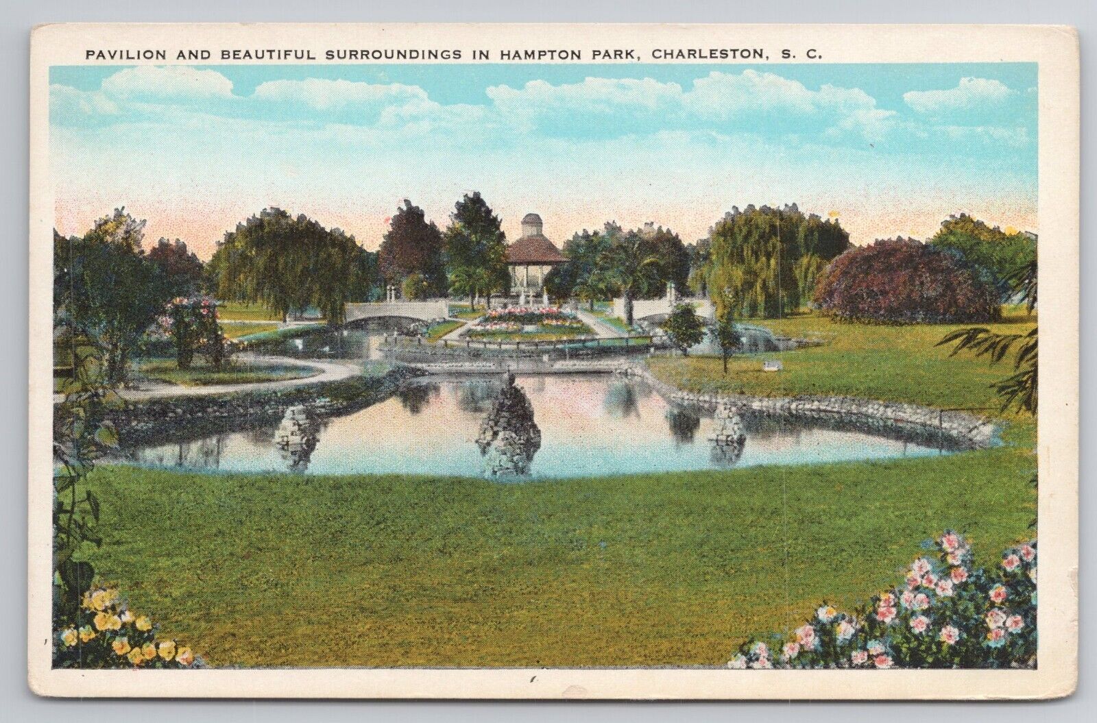 1915-30 Postcard Pavilion & Beautiful Surroundings In Hampton Park Charleston SC