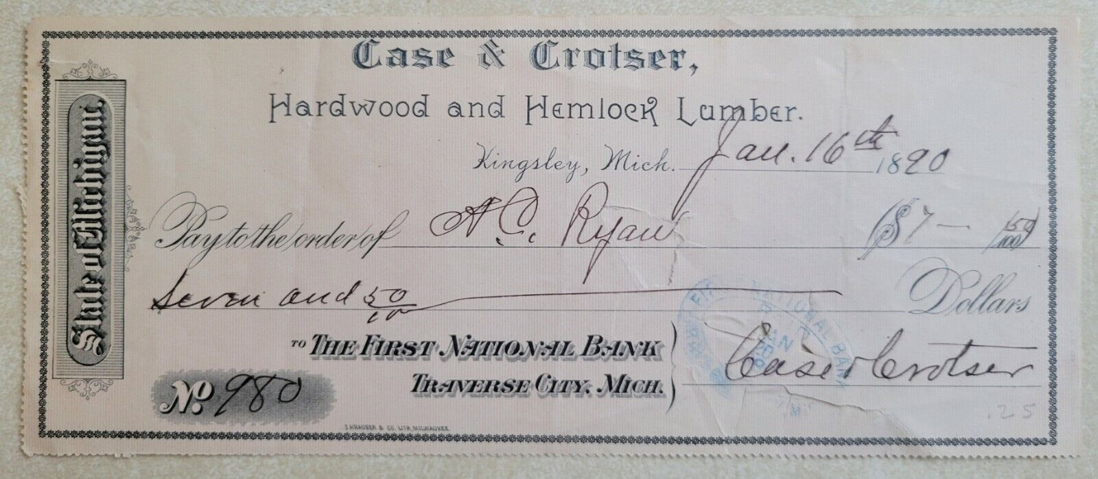 KINGSLEY MICHIGAN 1890 Case Croster Hardwood Hemlock Lumber Bank Check 