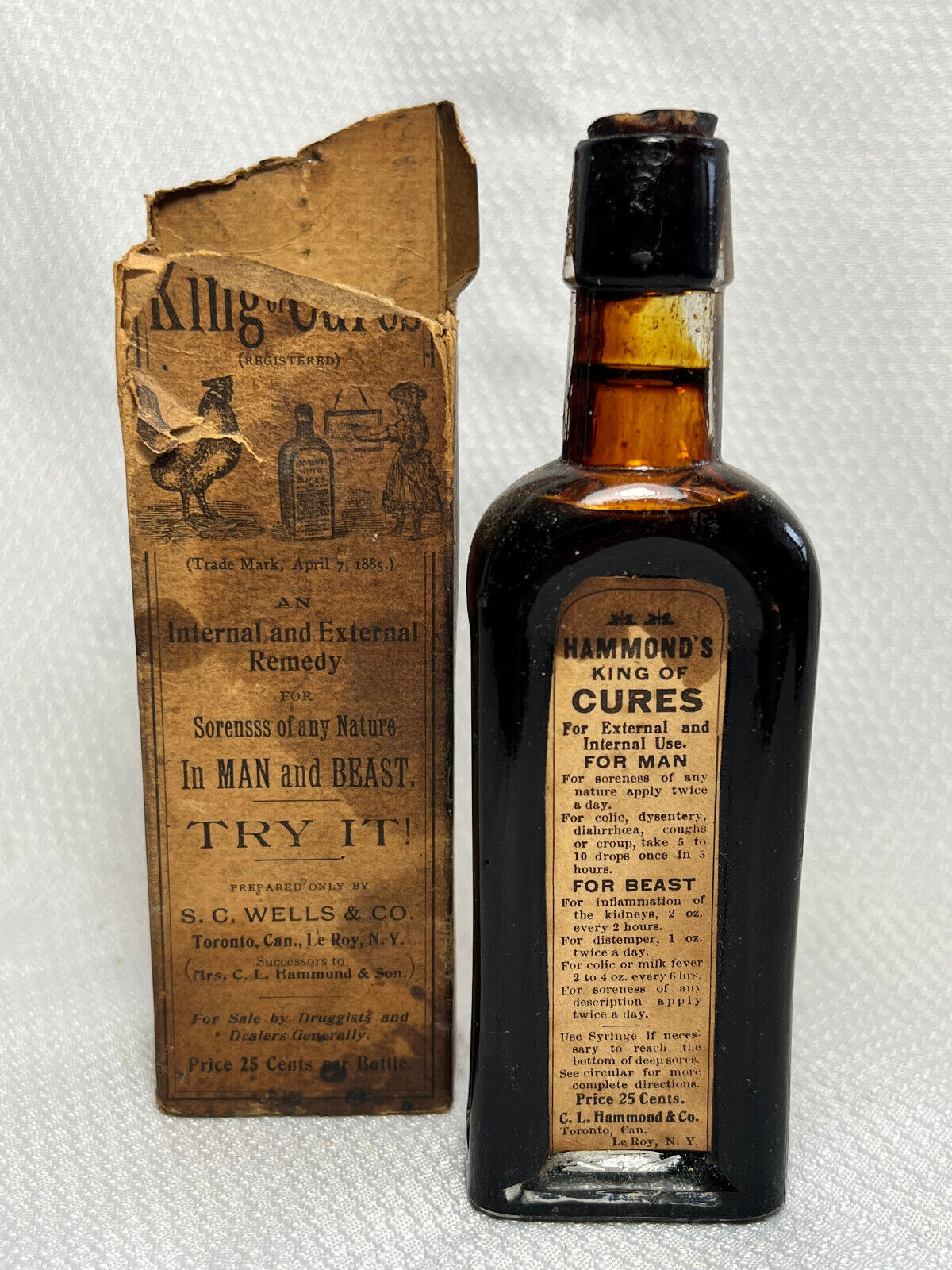 Hammond's King Of Cures S.C. Wells & Co Drug Store Remedy For Man & Beast In Box