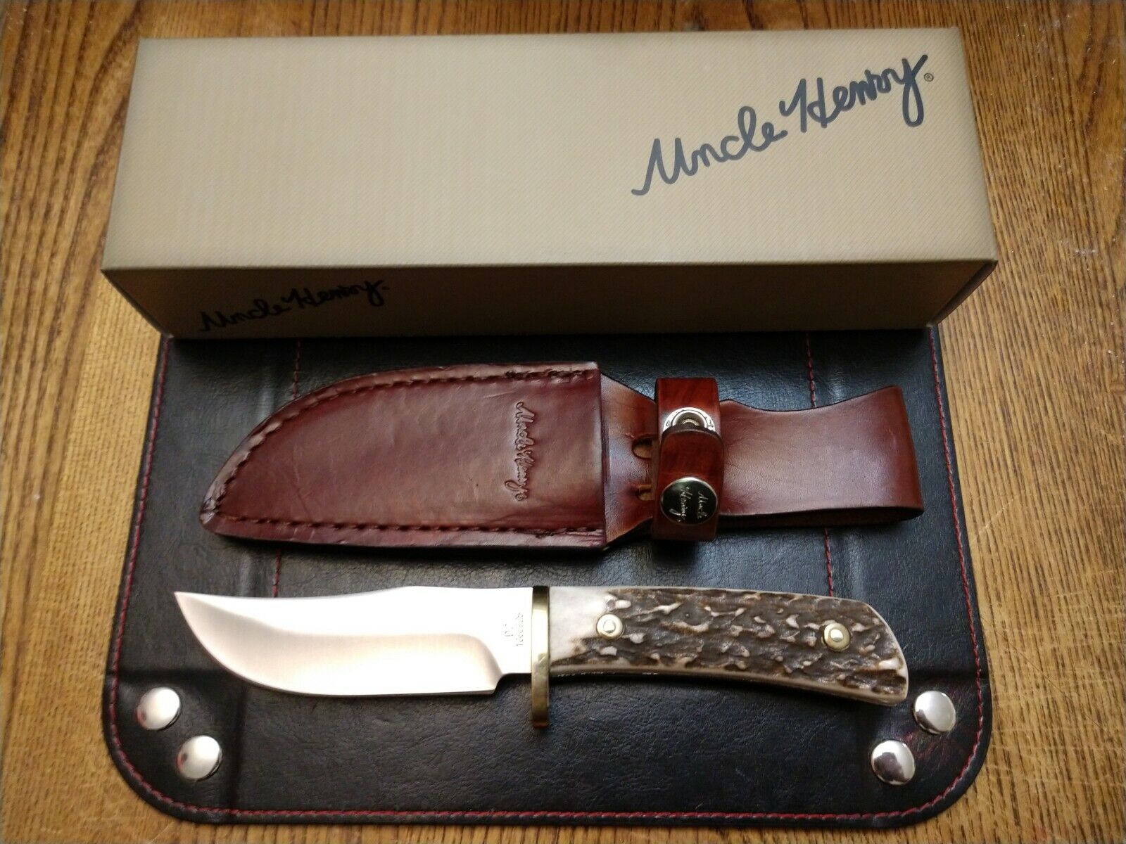 Uncle Henry Clip Point Hunter Knife D-2 Blade Real Stag Handle &Leather Sheath