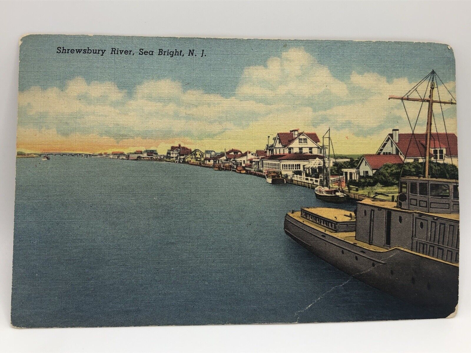 Postcard Shrewsbury River Sea Bright New Jersey Boats Linen Posted 1957