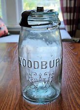 NICE WOODBURY GLASS WORKS NJ AQUA QUART FRUIT JAR GLASS LID & METAL CLOSURE picture