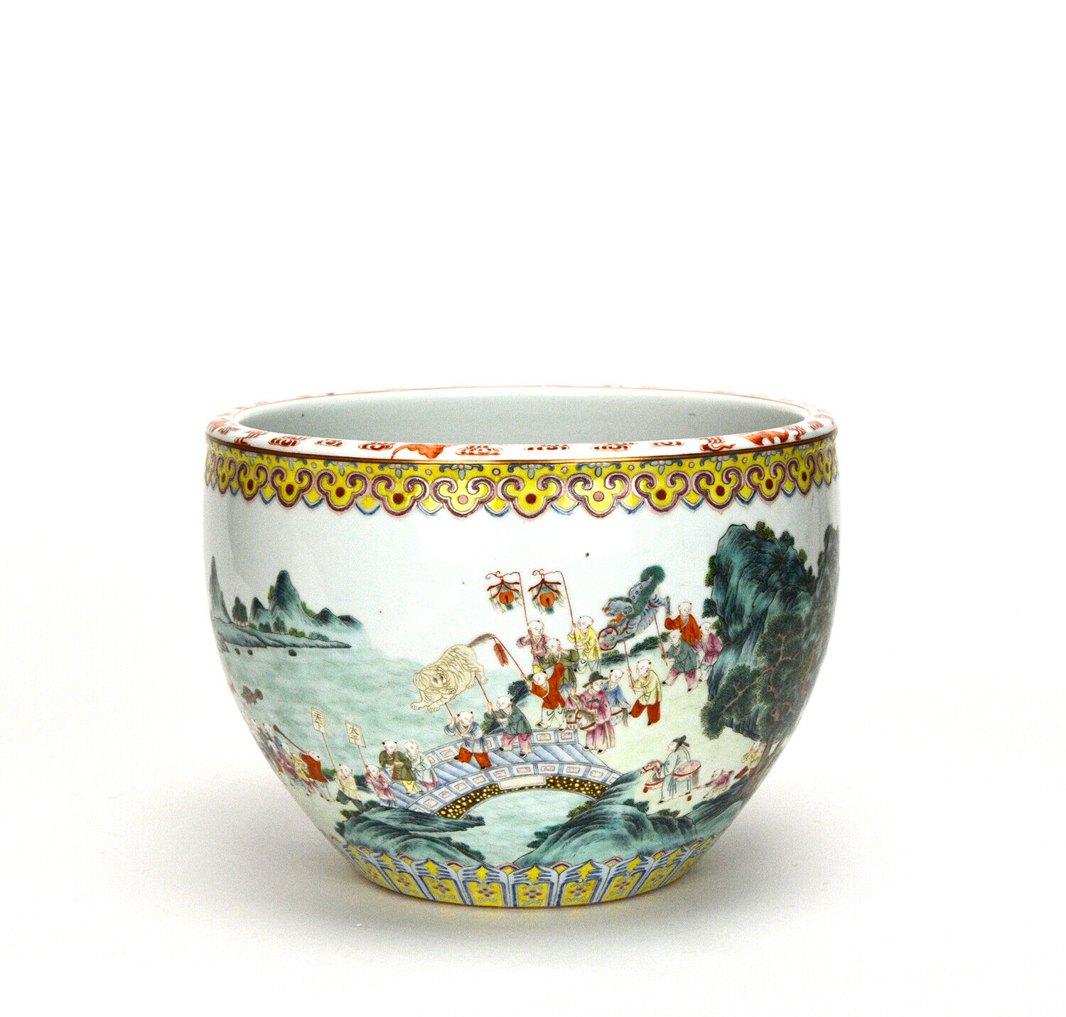 Superb 19th c. Chinese Qing Famille Rose Children in Parade Porcelain Jardiniere