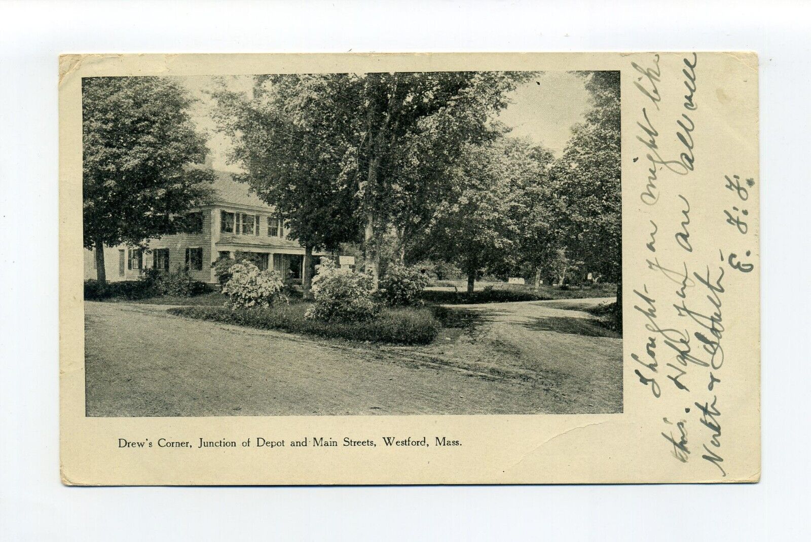 Westford MA Mass 1906 postcard, Drew's Corner, jct Depot & Main Streets, dirt rd