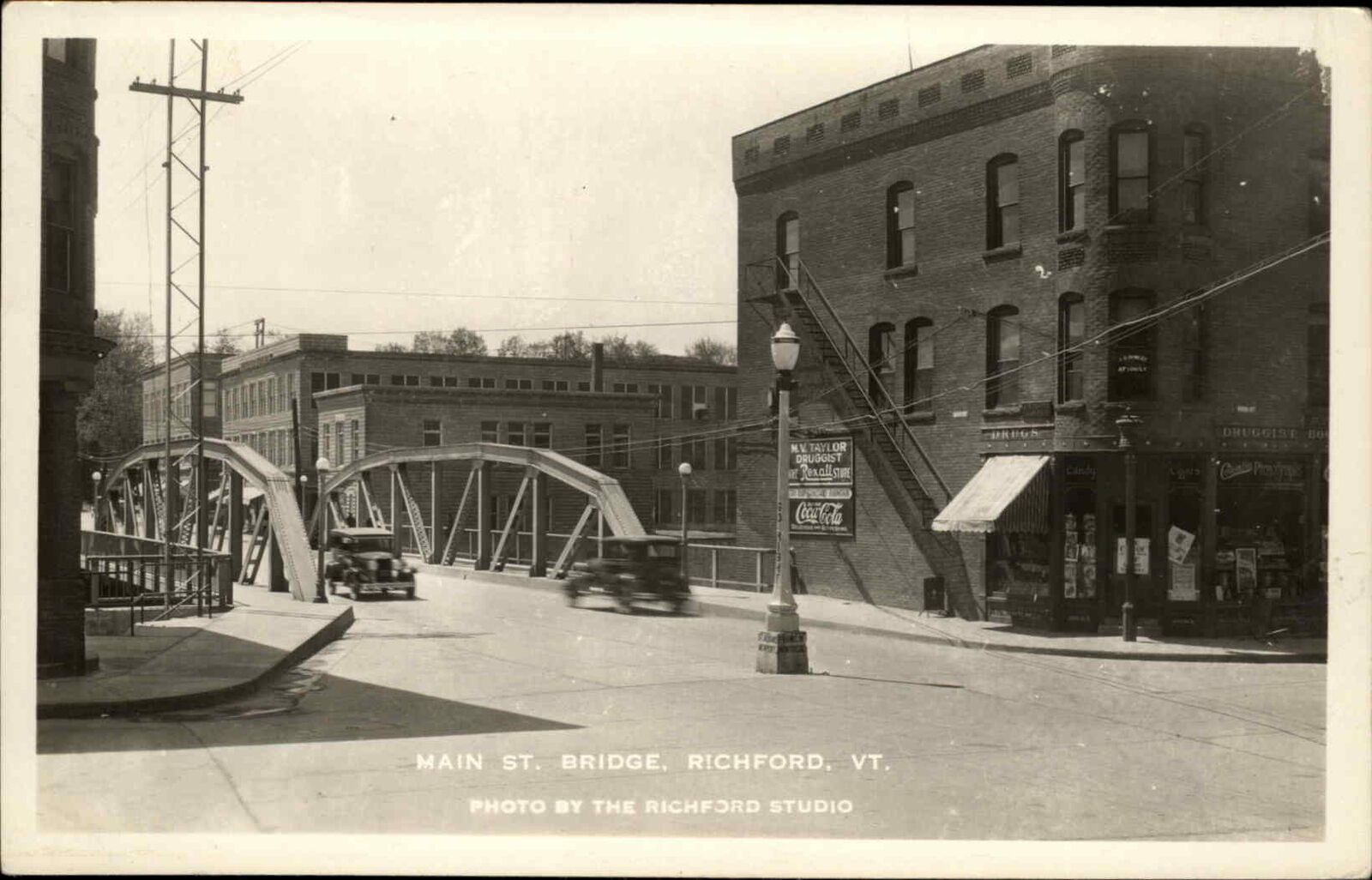 Richford VT Main St. Bridge c1930s Real Photo Postcard Coca-Cola Sign