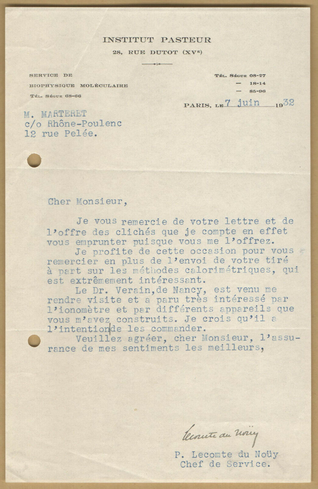 Pierre Lecomte du Nouy (1883-1947) - French biophysicist - Signed letter - 1932