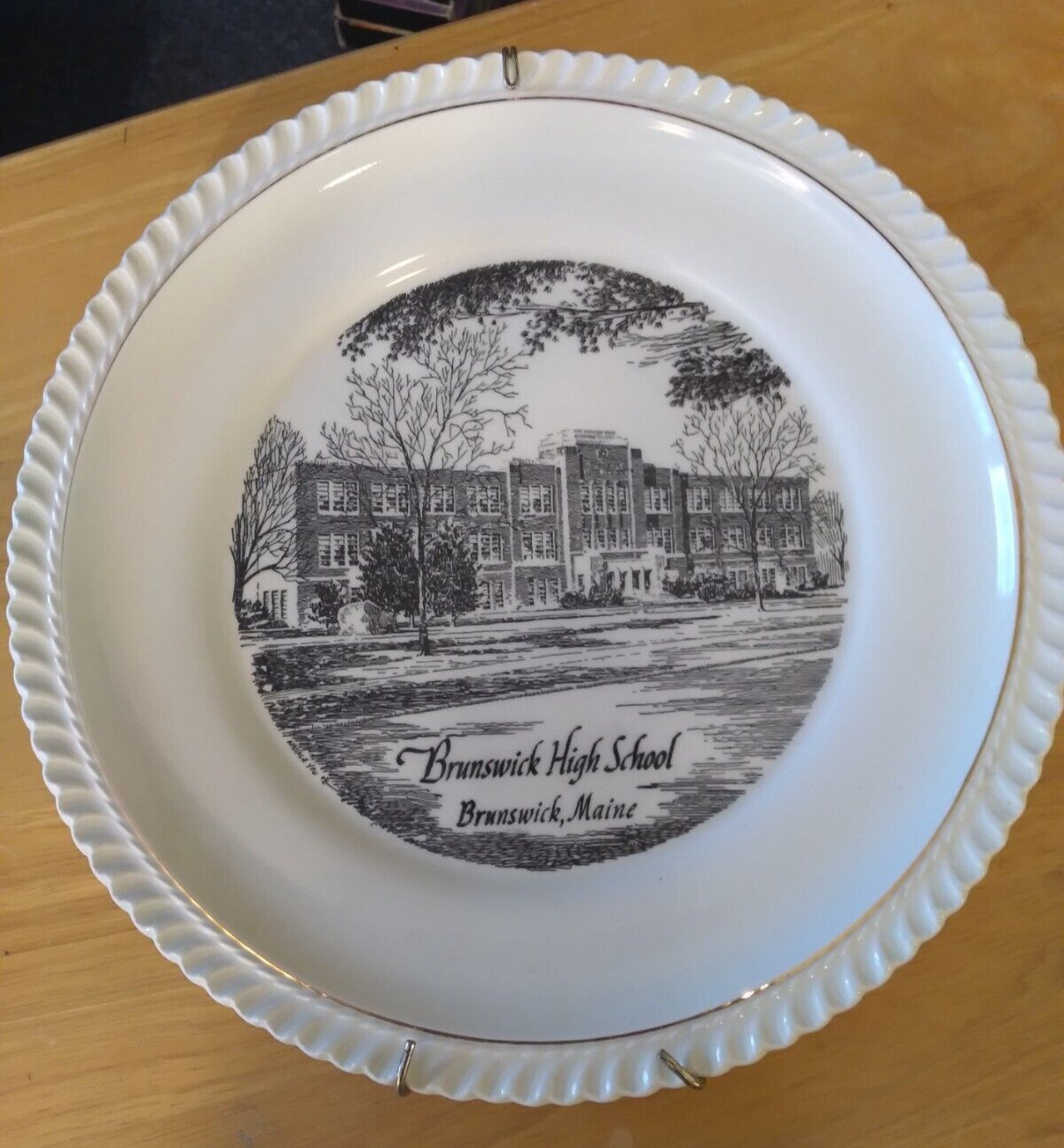 Brunswick, Maine souvenir Plates, gold trim, High School, St Charles Borromeo