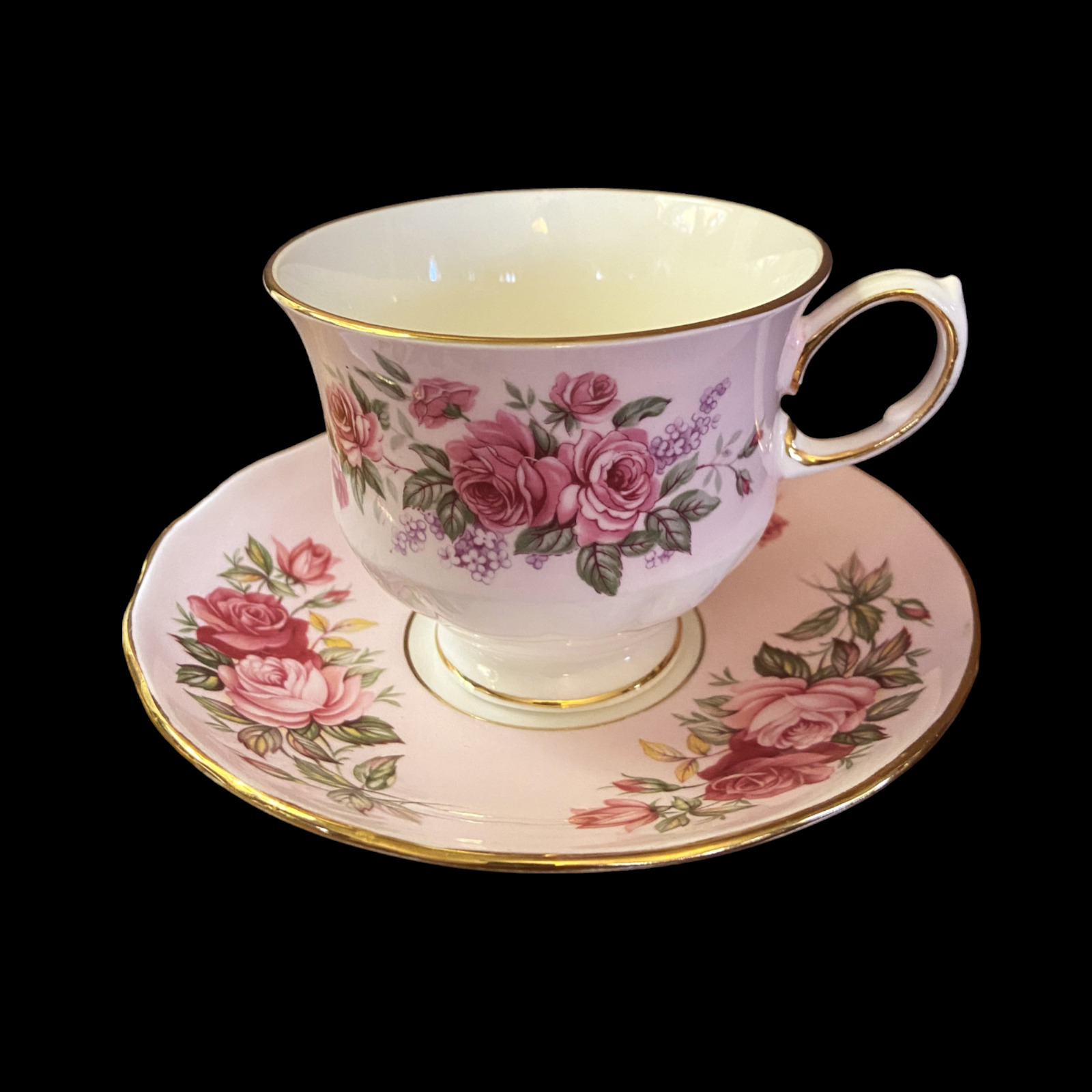 Queen Anne Bone China Teacup & Saucer Pink Roses Ridgway Potteries England