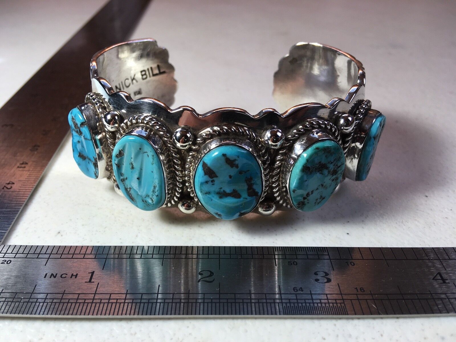 Navajo Bracelet Native American Sterling Silver Turquoise Stone Size 7 Nick Bill
