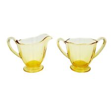 Vintage Fostoria Fairfax Elegant Yellow Glass Creamer and Open Sugar Bowl picture
