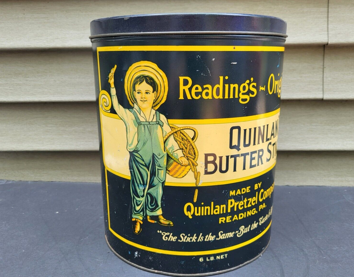 Quinlan Butter Sticks Tin PRETZEL BOY Graphics 6 lb Reading PA Antique LARGE SIZ