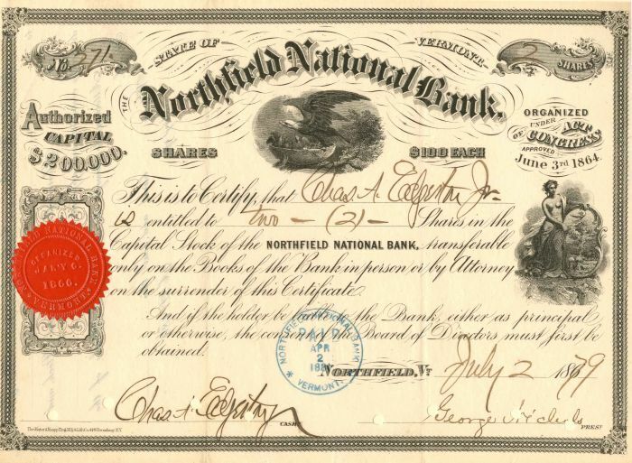 Northfield National Bank - Stock Certificate - Banking Stocks