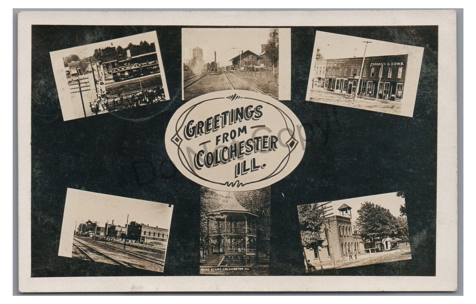 RPPC Multiview Greeting Railroad Depot Station COLCHESTER IL Real Photo Postcard
