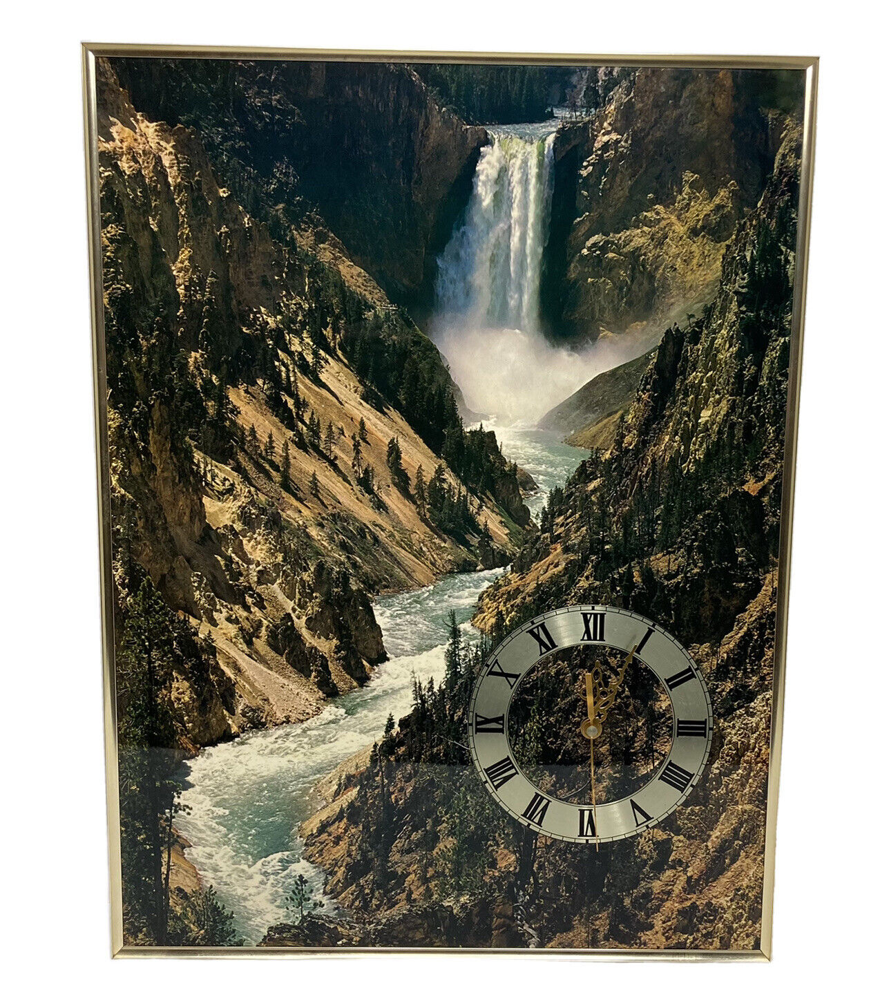 Vintage Shadowbox Wall Clock Yellowstone N.P. Waterfall Battery Operated 19”x25”