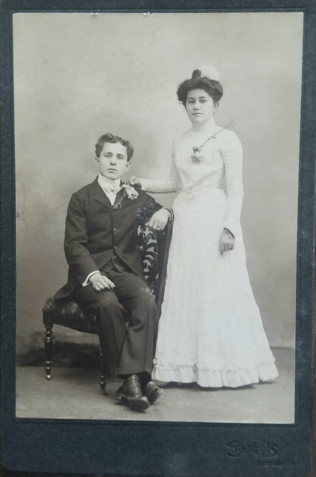 Cabinet Card Photo Couple Man Woman Wedding Nurse? Norwich CT Stevens Vintage
