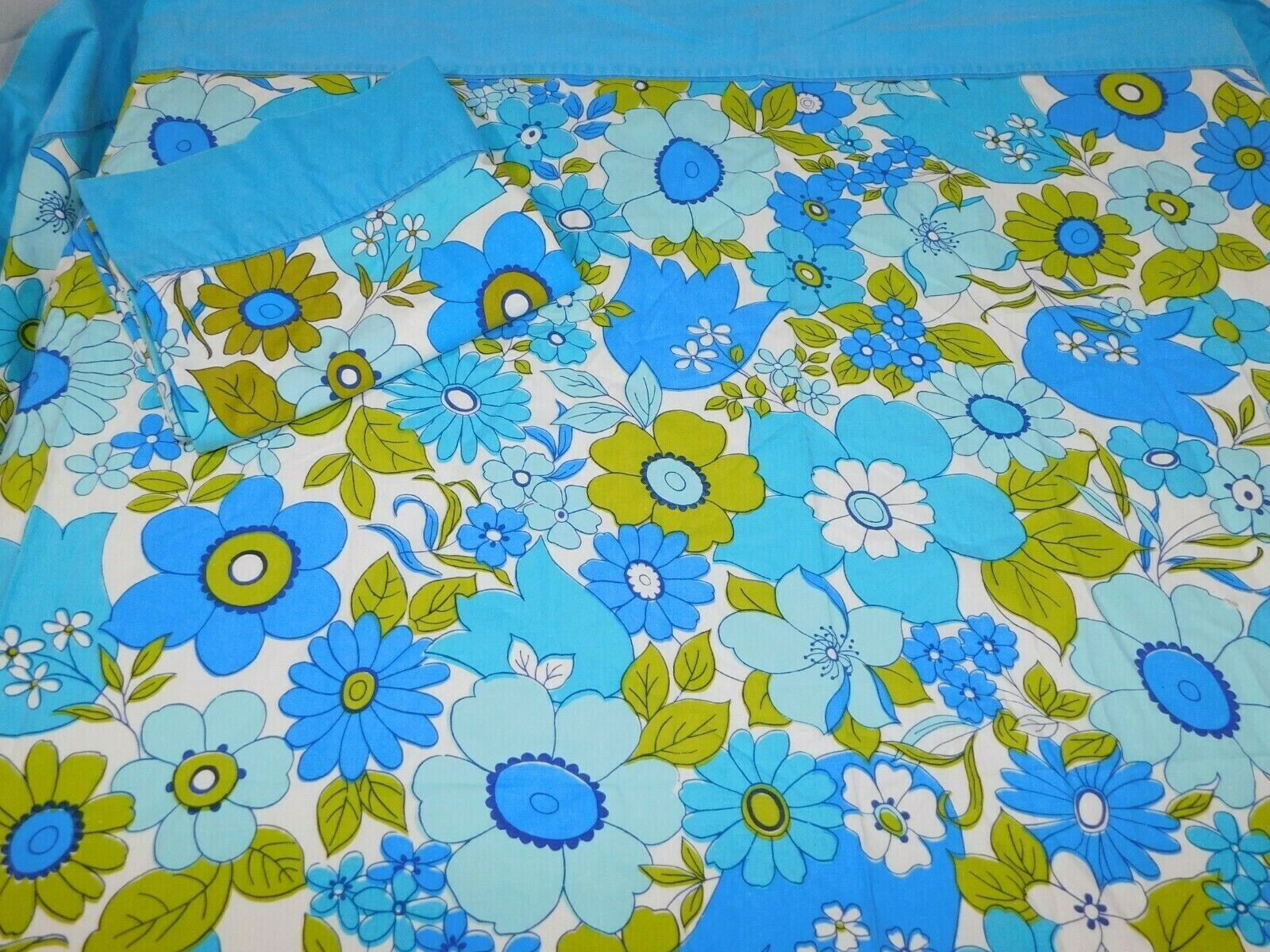 VTG Wabasso Flower Power Green Blue Floral Twin Flat Sheet & Pillowcase 70s MOD
