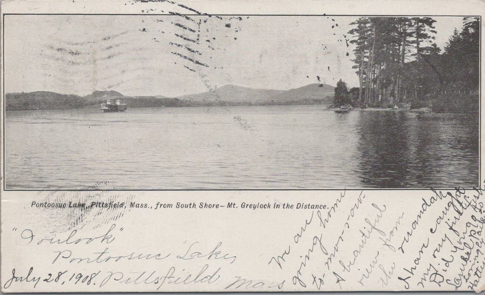 Postcard Pontoosuc Lake Pittsfield MA from South Shore 1908