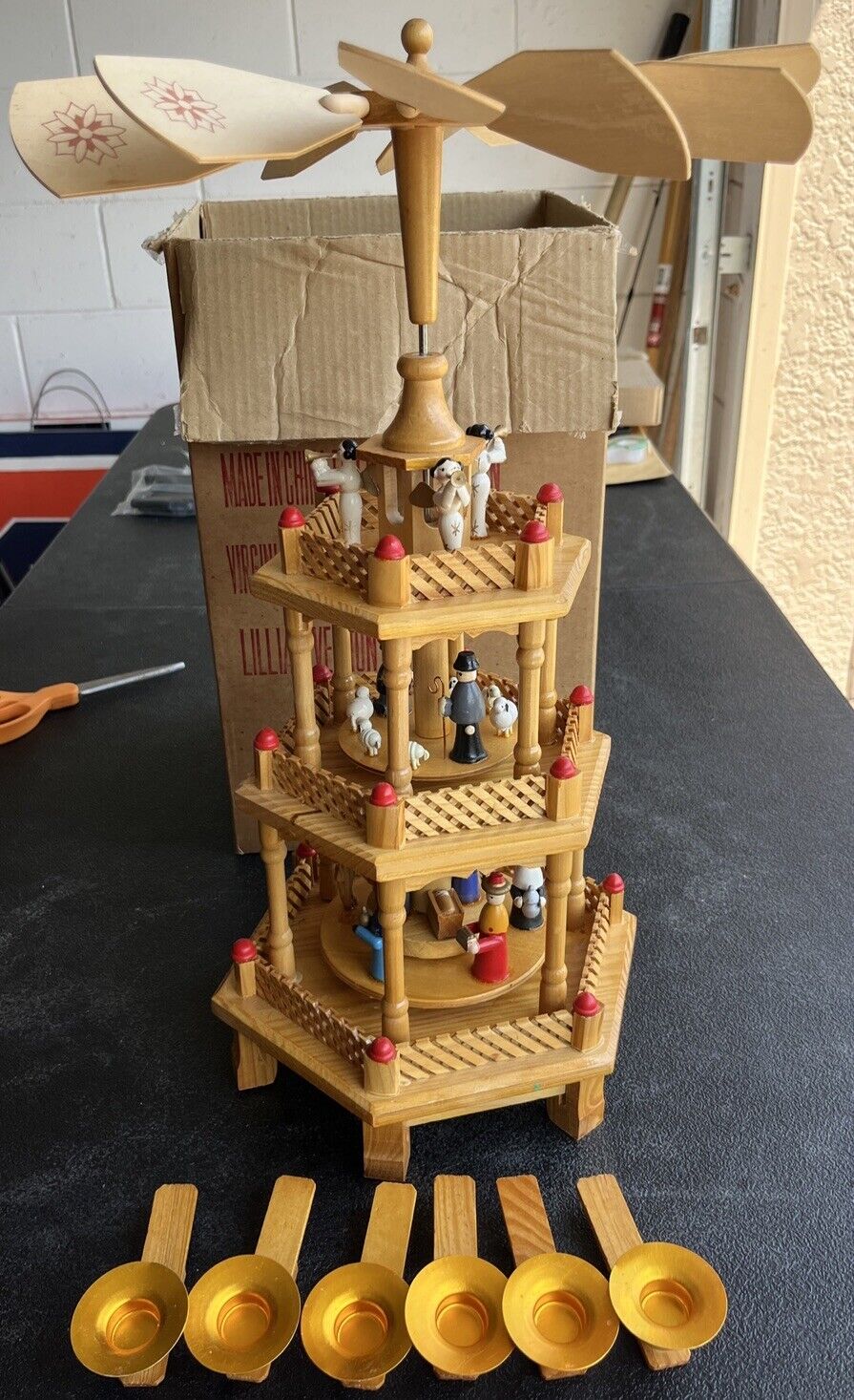Vintage Vernon Christmas 3 Tier Wooden Nativity Candle Carousel Windmill