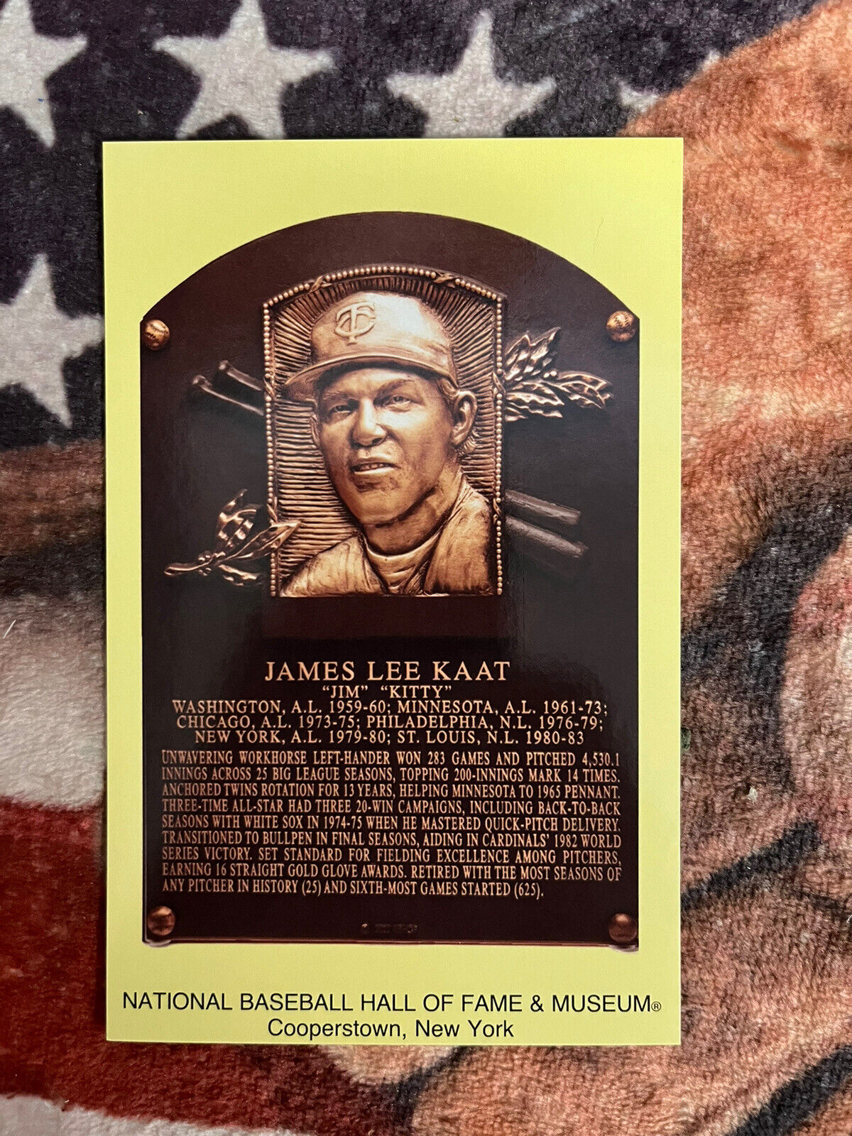 Jim Kaat Postcard - 2022 Baseball Hall of Fame Induction Plaque - Twins