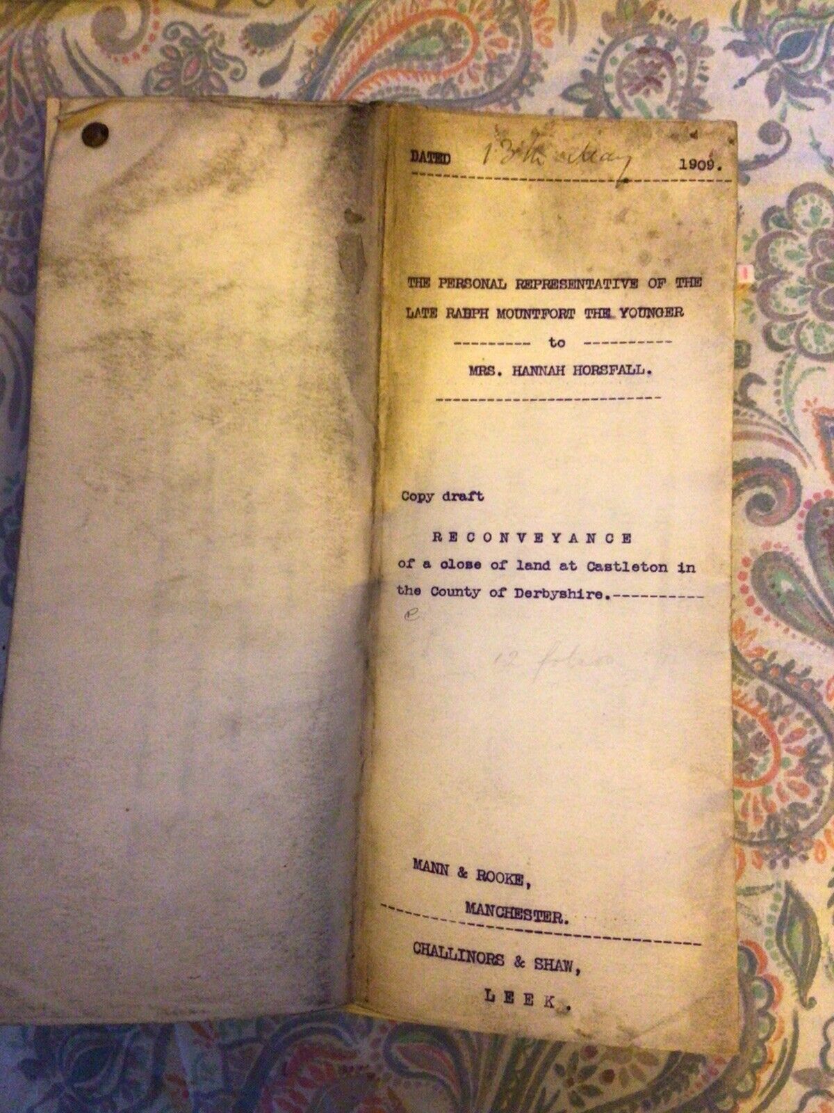 1909 Land Indenture Document, Castleton, Derby, Derbyshire , Rare , Multi Page