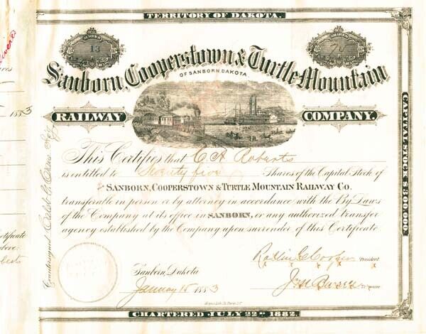 Sanborn, Cooperstown and Turtle Mountain Railway Co. - Railroad Stock Certificat