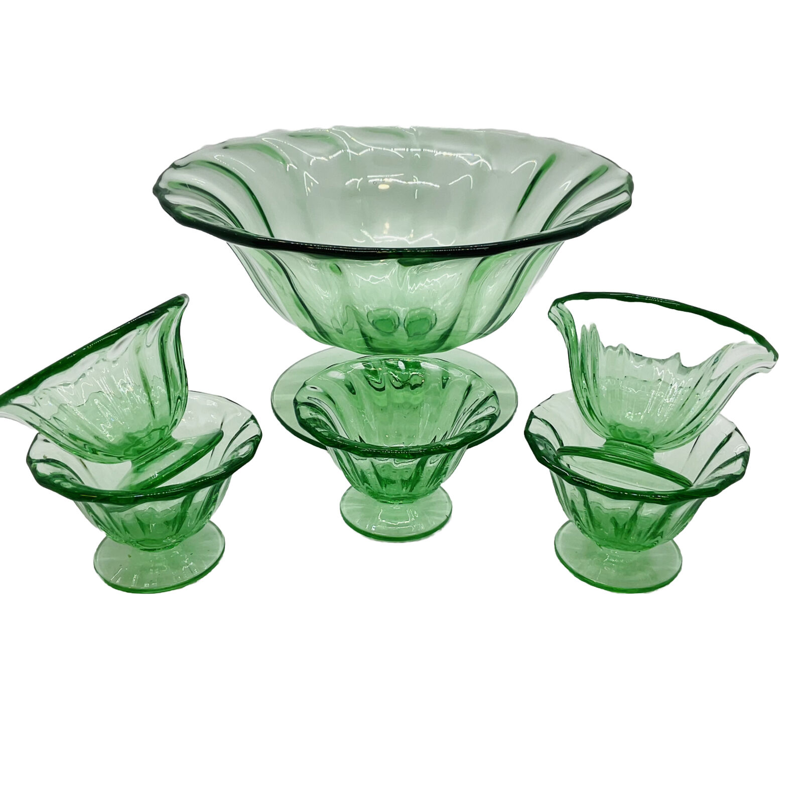 Green Depression Glass Vaseline Salt Cellar Cups Fostoria Fairfax Almond Nut Set