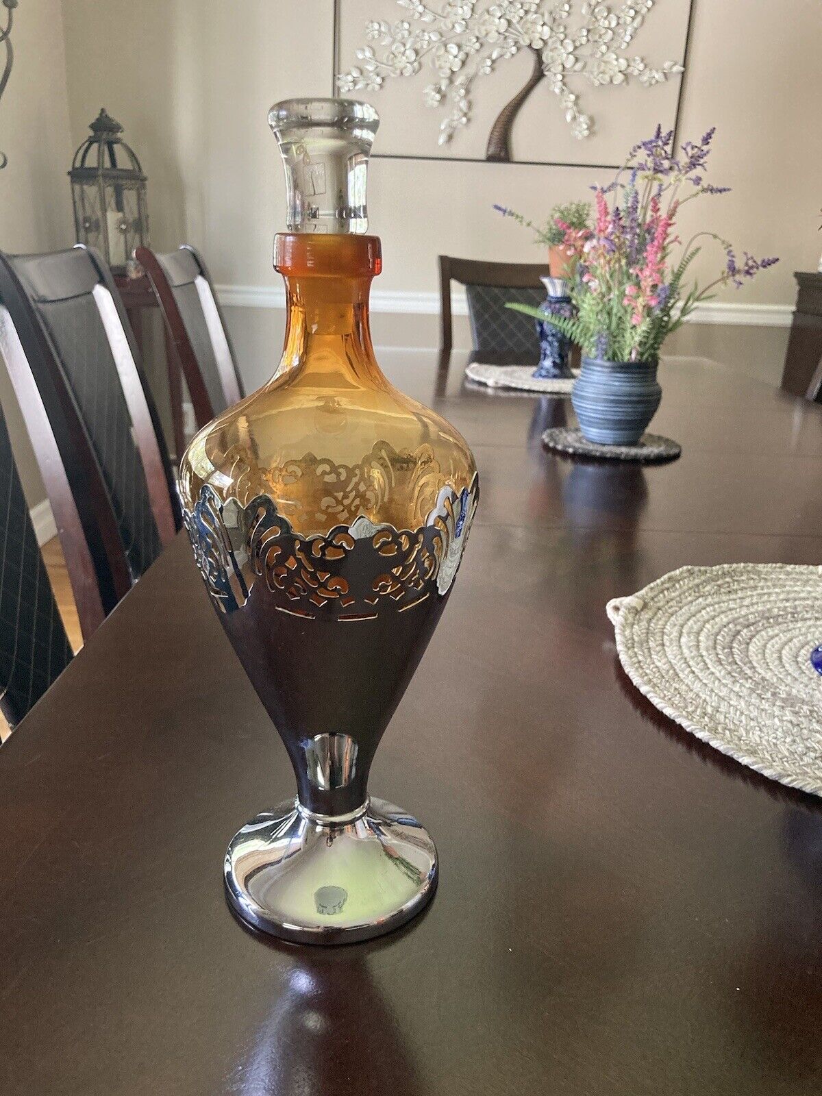 Vintage Cambridge Farber Bros Amber Glass Decanter / Vase W/ Silver Encasement