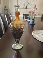 Vintage Cambridge Farber Bros Amber Glass Decanter / Vase W/ Silver Encasement picture