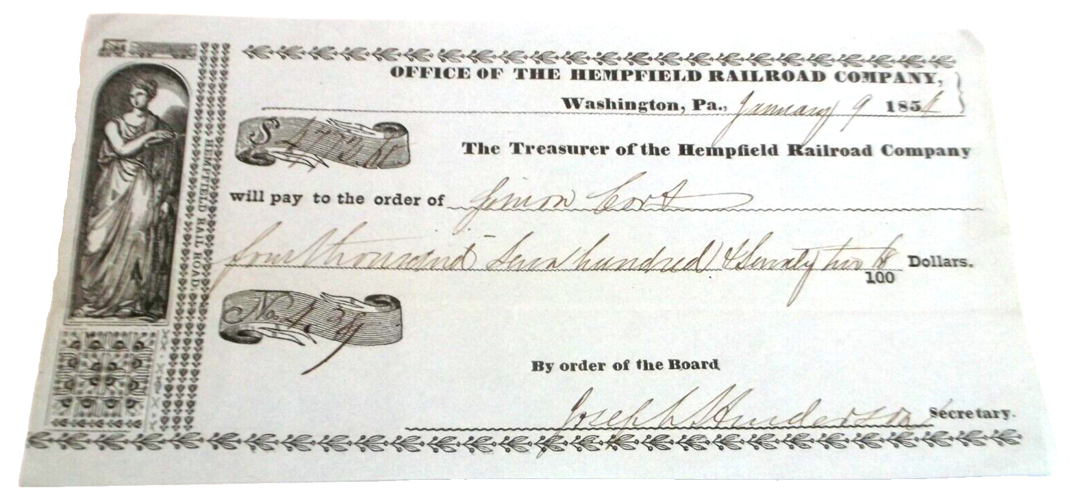 JANUARY 1854 HEMPFIELD RAILROAD WASHINGTON PENNSYLVANIA COMPANY CHECK B&O