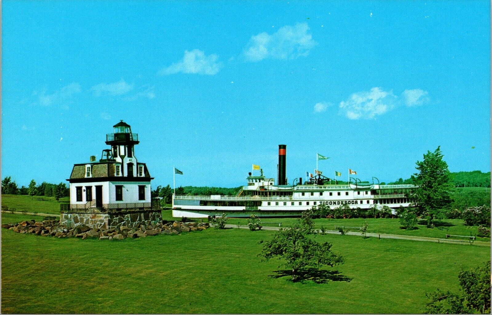 Colchester Lighthouse and SS Ticonderoga Shelburne Vermont Vintage Postcard