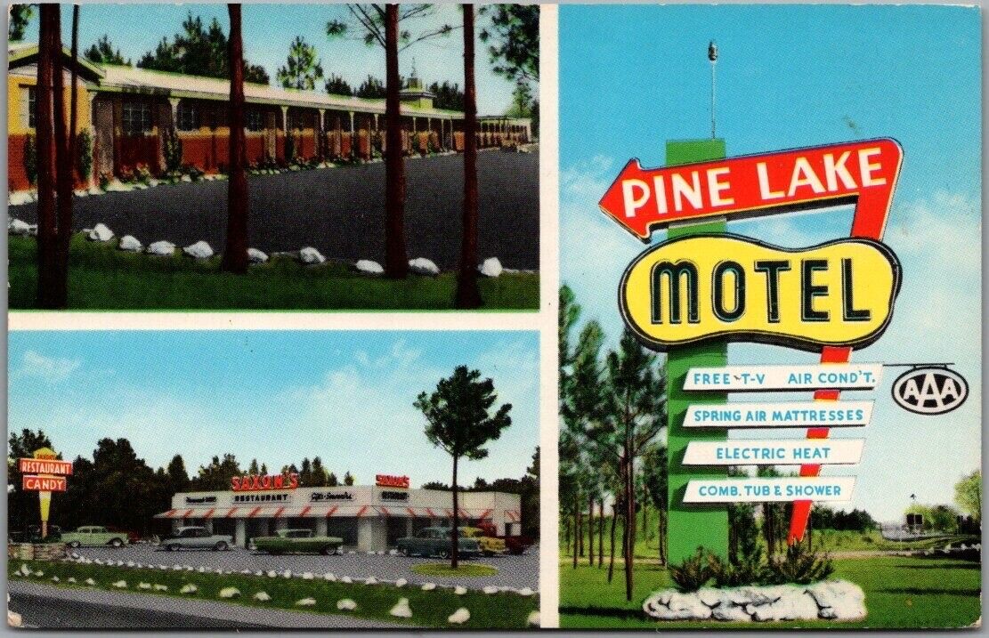 Montgomery, Alabama Postcard PINE LAKE MOTEL Highway 82 / 231 Roadside Chrome