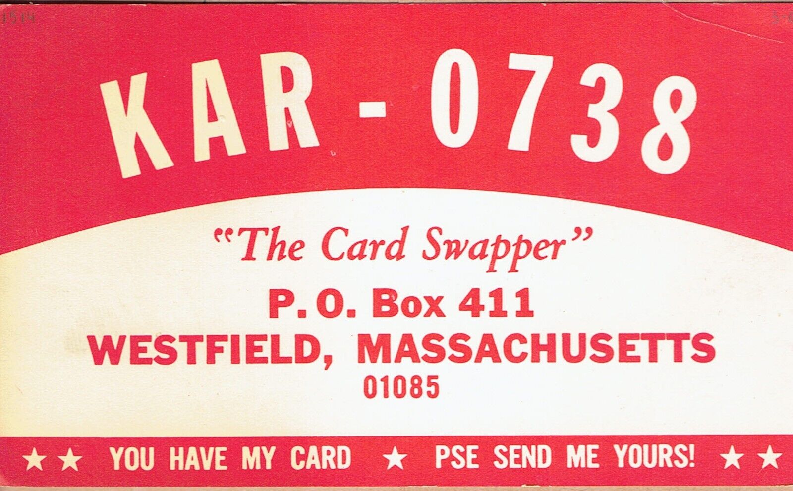 Old QSL-card from The Card Swapper, Westfield, MA, KAR-0738, Jan 1969