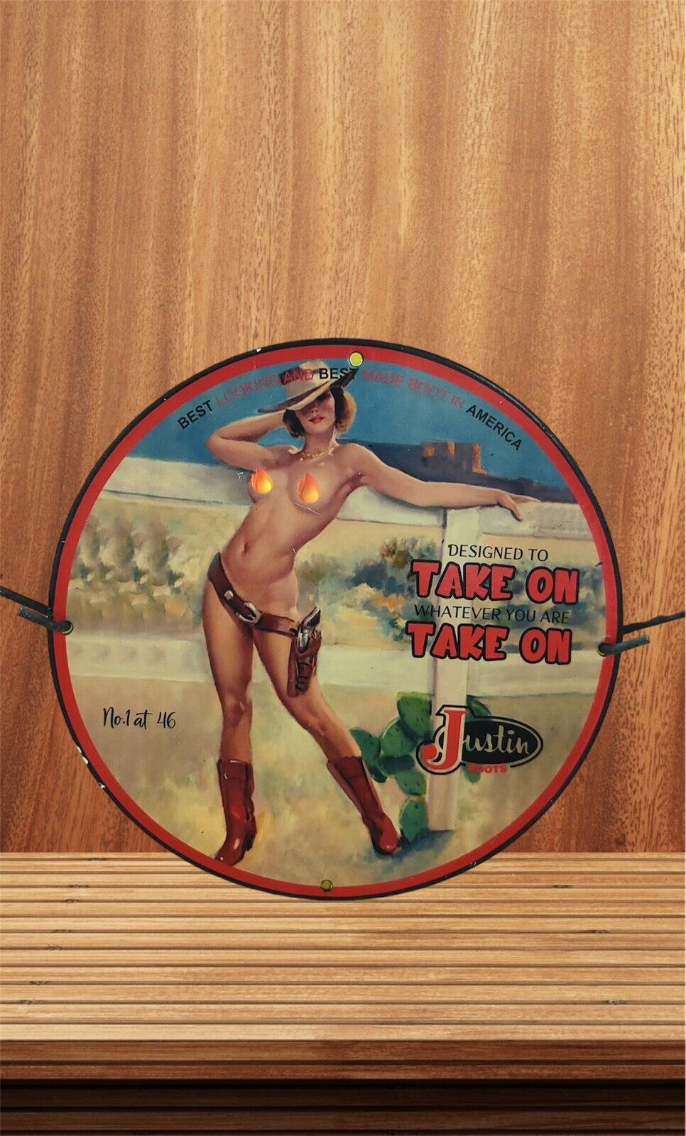 RARE JUSTIN BOOTS PINUP NAKED COW GIRL PORCELAIN GAS STATION SERVICE OIL AD SIGN