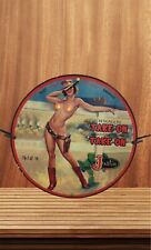 RARE JUSTIN BOOTS PINUP NAKED COW GIRL PORCELAIN GAS STATION SERVICE OIL AD SIGN picture