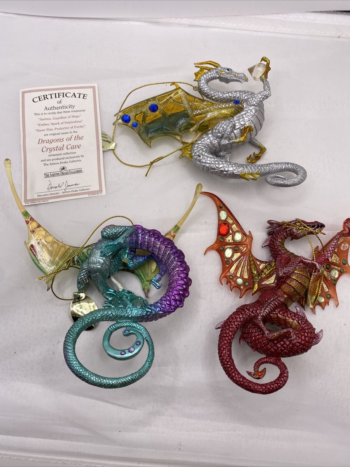 3 Beautiful Dragons of the Crystal Cave Ornaments Ashton-Drake COA Please Read