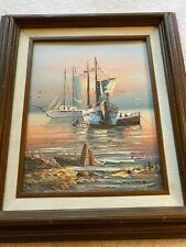 Billy Wilder on Artist's Board Nautical- Ships in Harbor Original Oil Painting picture