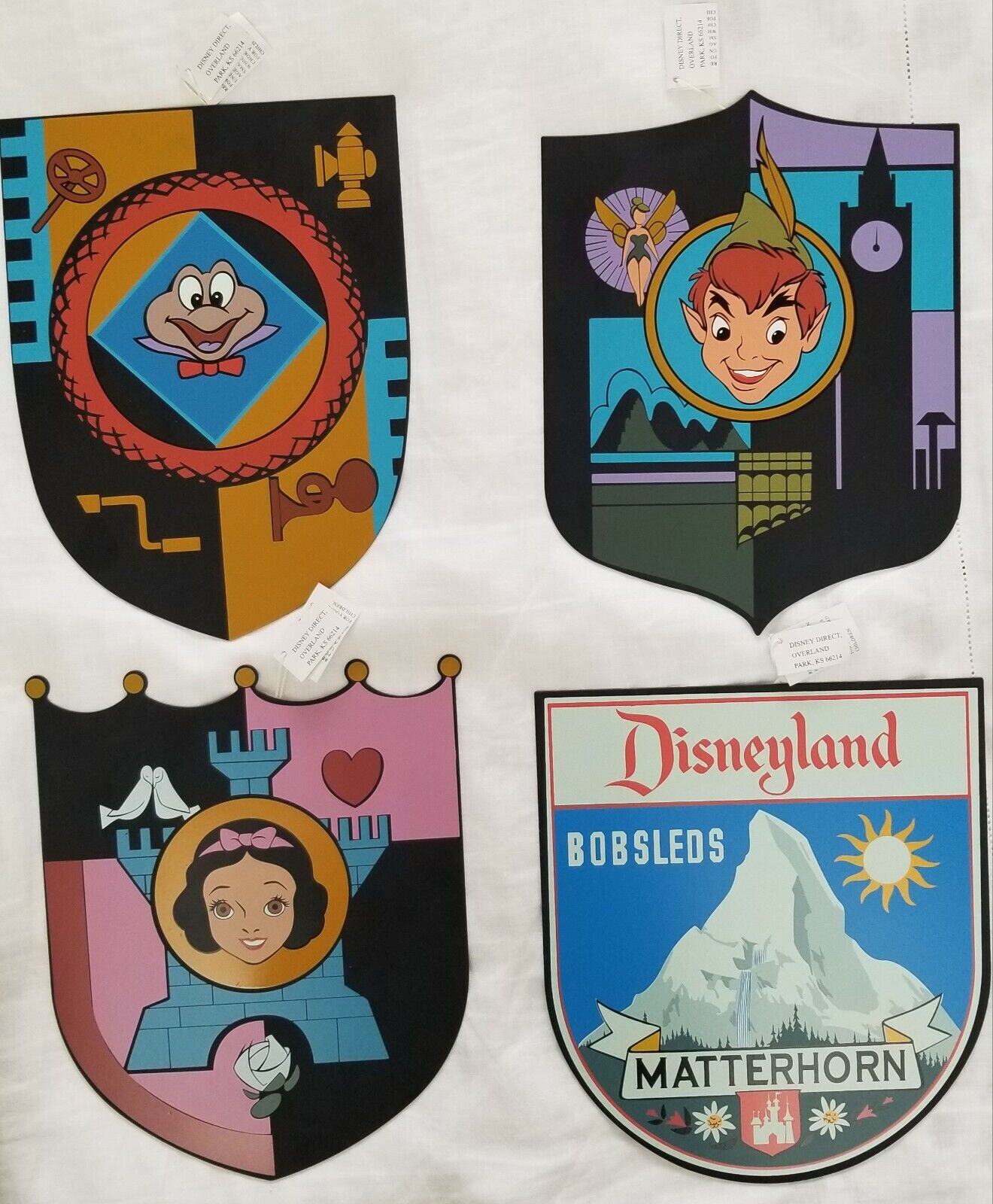 FANTASYLAND  ATTRACTION TIN CREST SHIELDS*WALL MOUNT* *RARE* SET OF 4*LE 1500* 
