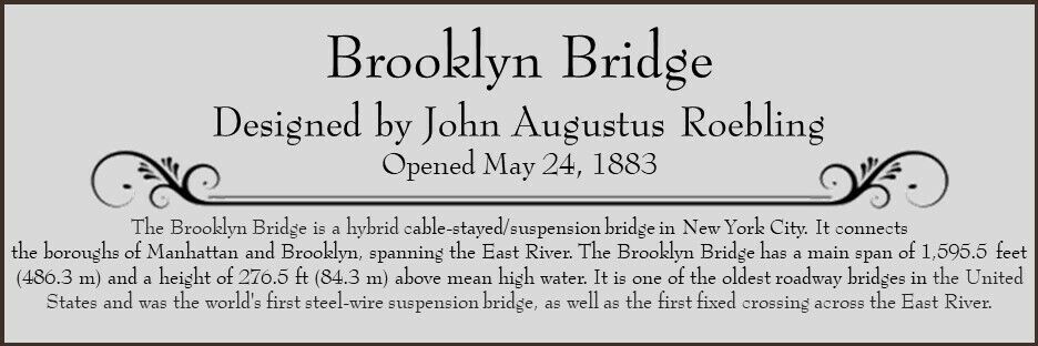John Roebling  Brooklyn Bridge Custom Laser Engraved 3 1/2 x 10 Plaque 