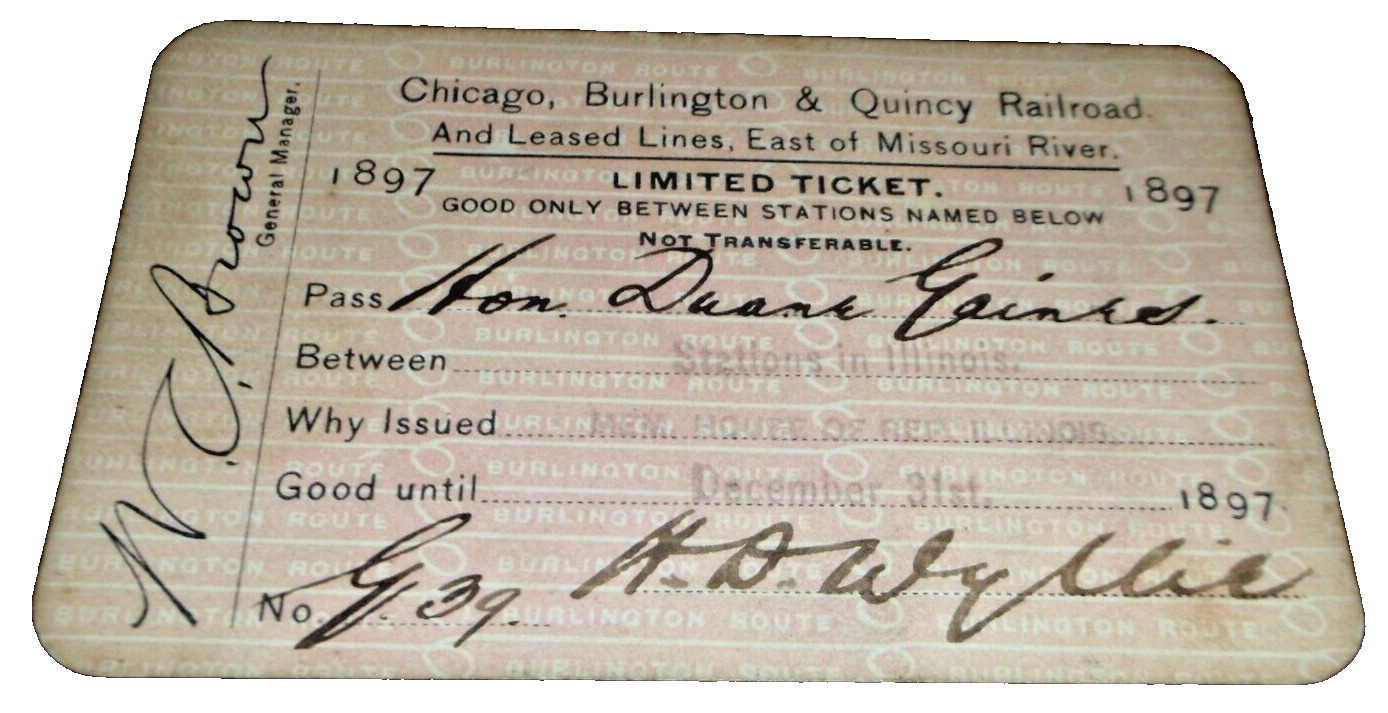 1897 CHICAGO BURLINGTON & QUINCY CB&Q EMPLOYEE PASS
