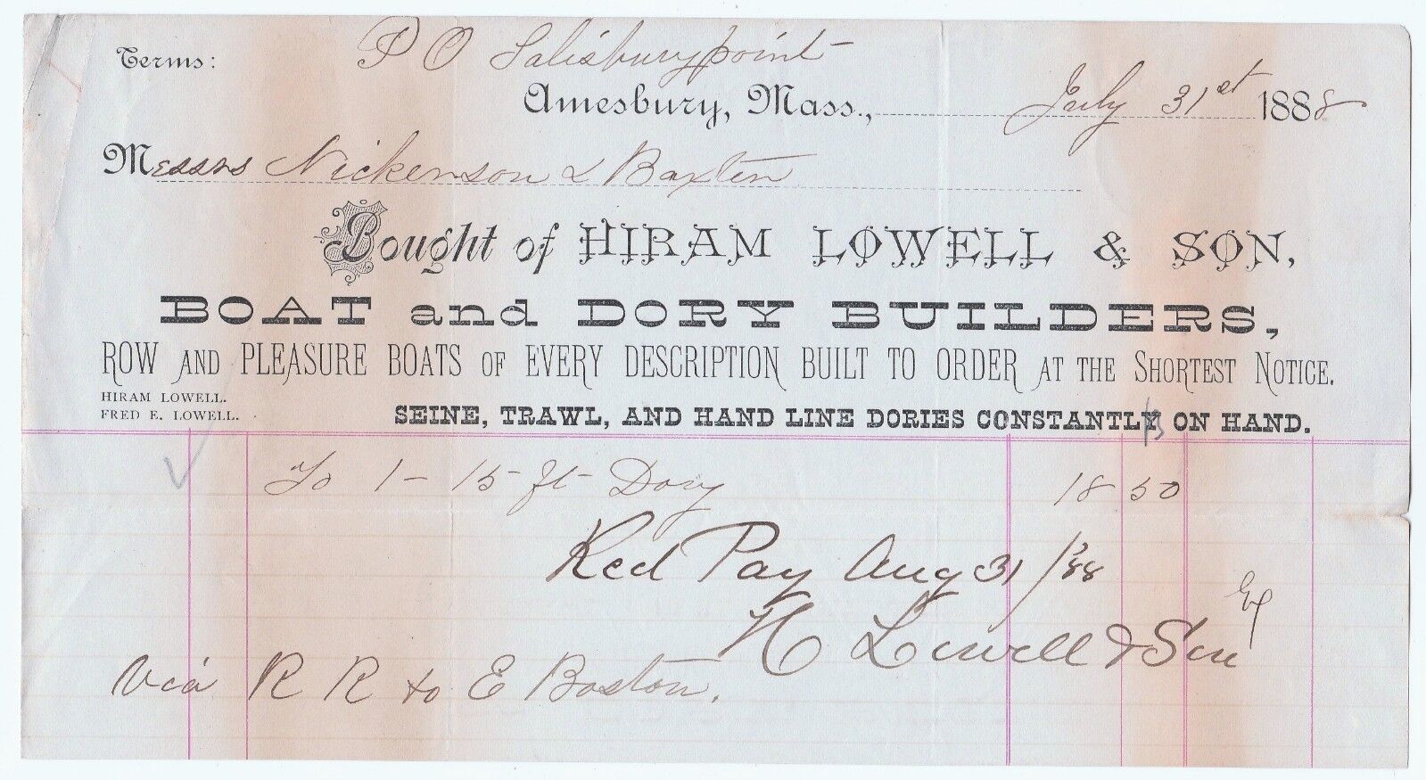 RARE  Billhead - Hiram Lowell DORY Boat Builder Salisbury Point Amesbury MA 1888