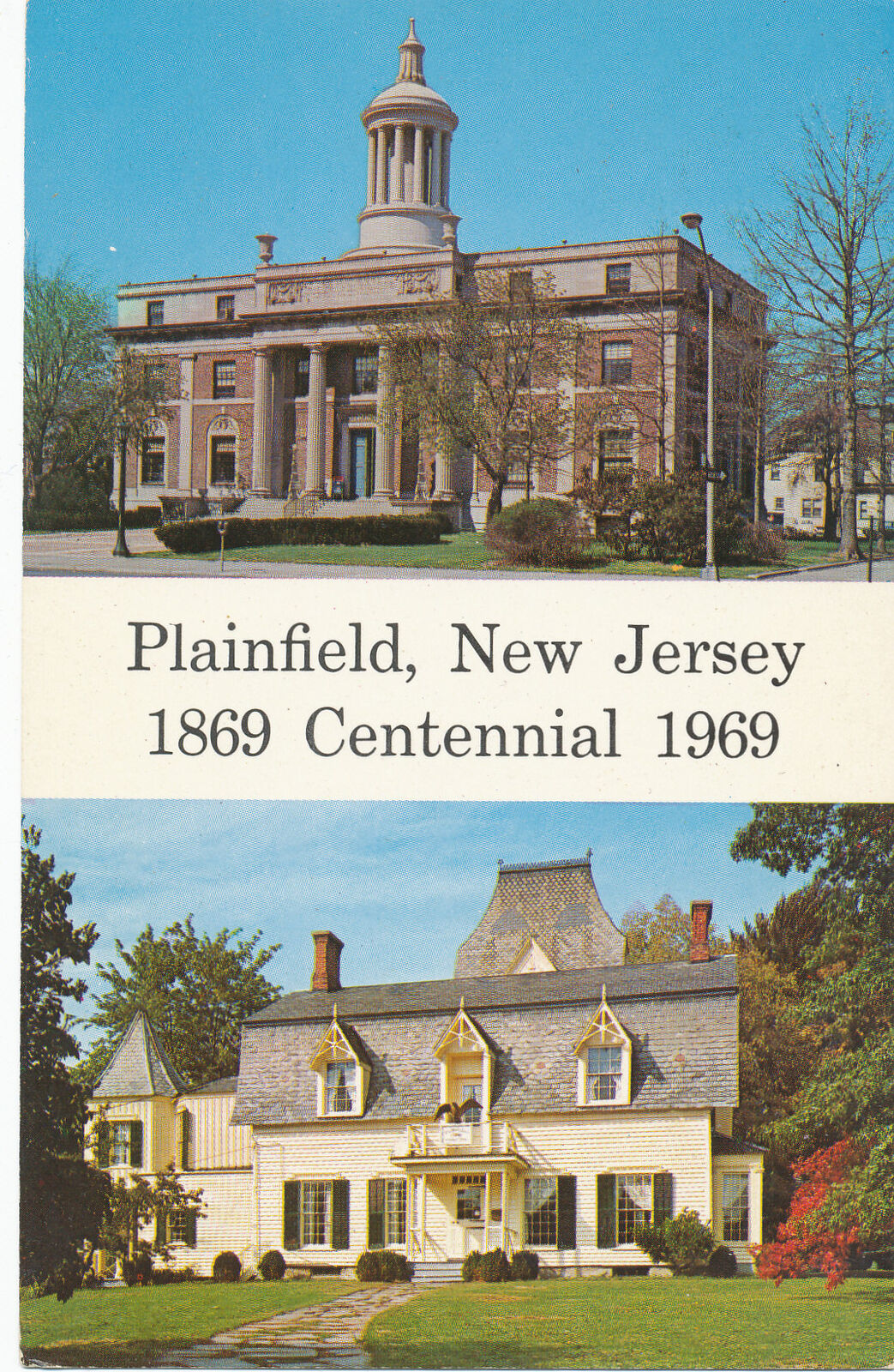NJ Plainfield - Chrome POSTCARD - 1869 Centennial 1969 -City Hall/Drake House