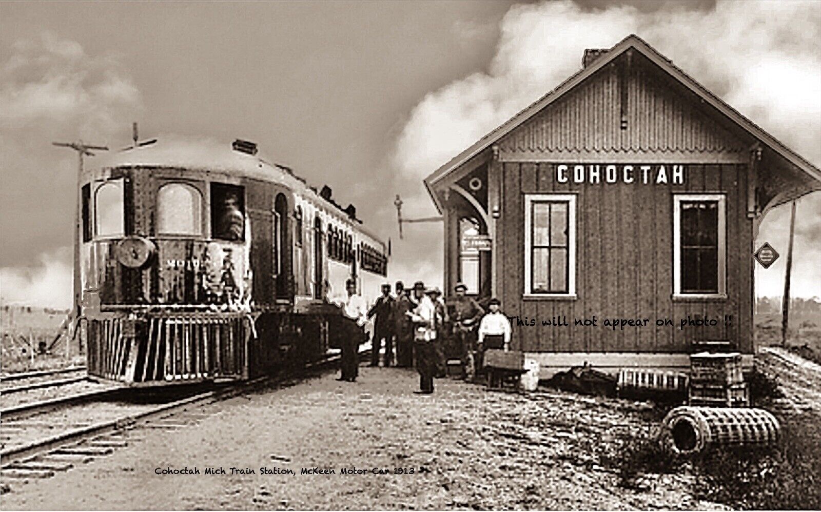 RPPC Photo Train Station, Cohoctah, Michigan, McKeen Motor Car