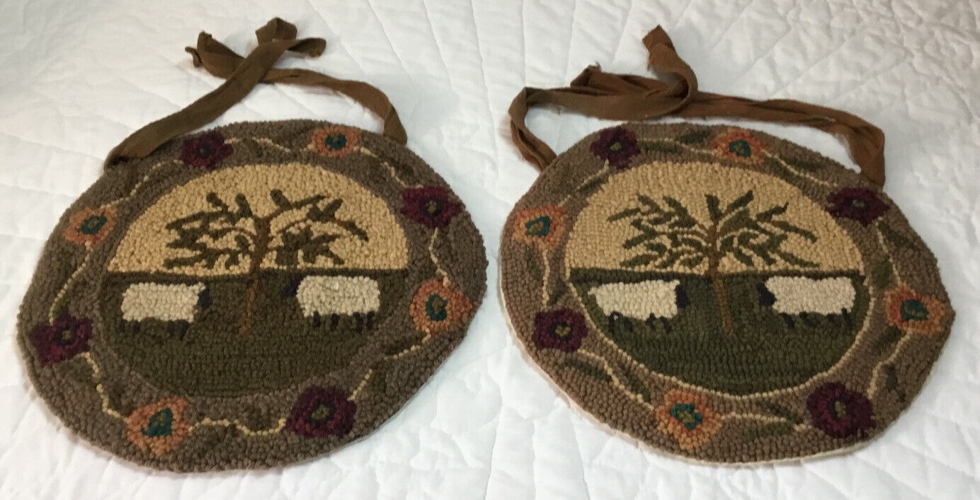 Two Hooked Rug Chair Pads, Country, Sheep, Tree, Flowers, PARK DESIGNS, Beige
