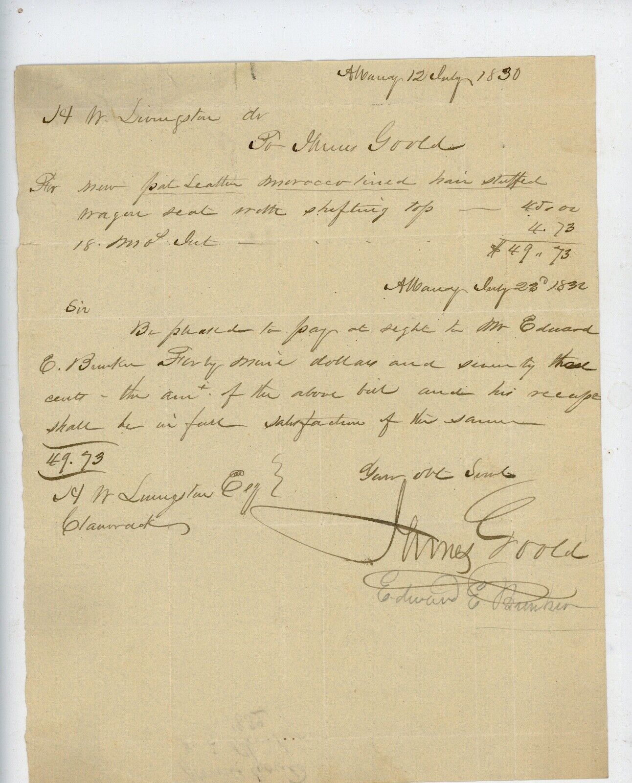 1830 Handwritten Letter H W Livingston J Gould Albany NY Columbia