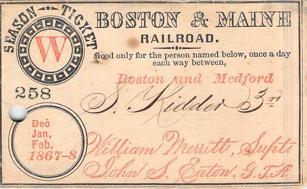 1867 BOSTON MAINE MEDFORD  KIDDER BANKER ?  LOW # 258   RAILROAD RR RAILWAY PASS