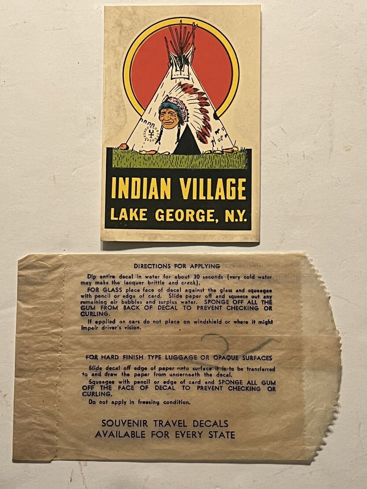 Vintage Indian Village Lake George NY Souvenir Travel Decal 